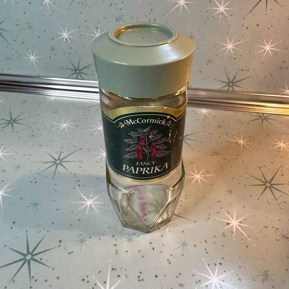 Vintage McCormick Paprika Jar Green Lid & Label Glass Spice Bottle Retro Kitchen